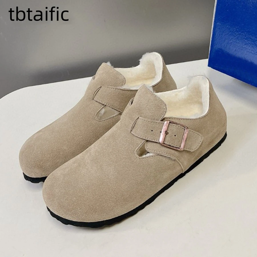 

2023 Winter Ladies Fur Mules Shoes Covered Toe Half Slippers Woman Slip On Plush Shoes Women's Warm Loafers Flat Casual Shoes