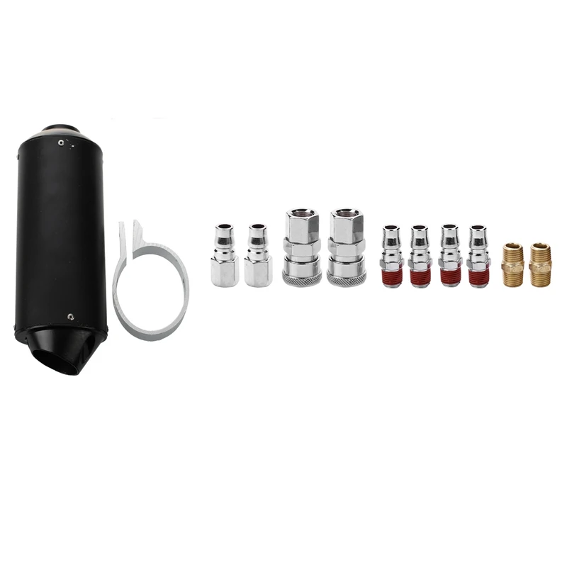 

1X Motorcycle Racing Exhaust Muffler Silencer & 10Pcs 1/4 Inch BSP Air Line Hose Compressor Fitting Connector Coupler