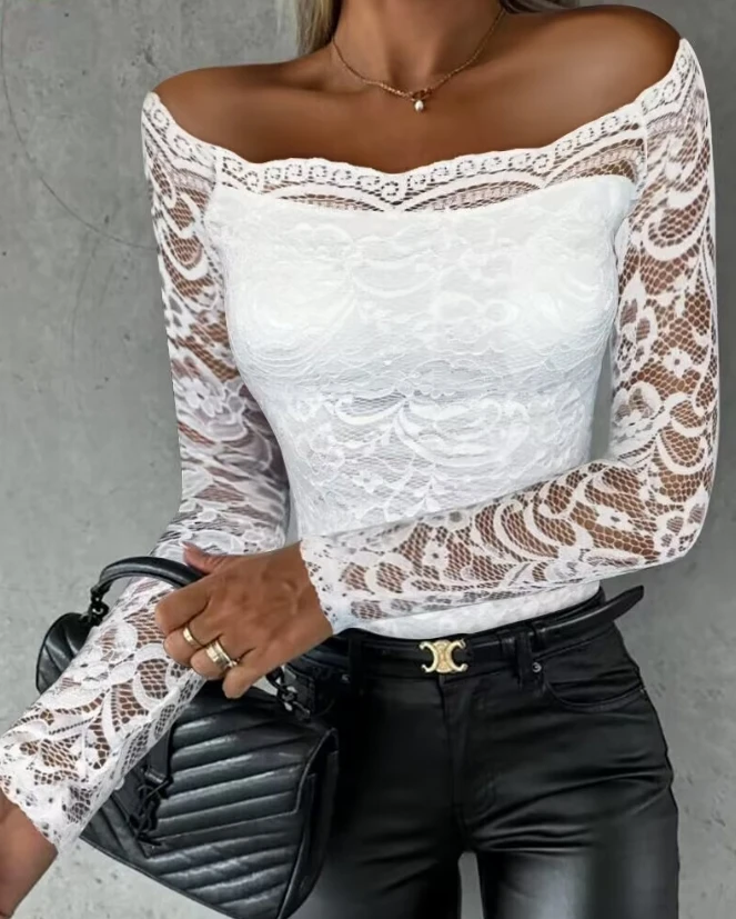 

Sexy Off Shoulder Semi-Sheer Lace Top for Women Fashion Female Long Sleeve Skinny Blouses