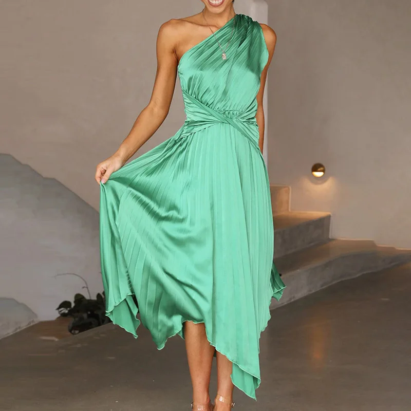 Women One Shoulder Irregular Pleated Satin Wedding Guest Dress