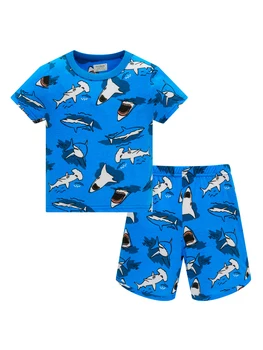 Boys 100%Cotton Pajama Set Cartoon Shark Full Print Lightweight Breathable Summer Pjs Shorts Set for Toddler 1-8 Years