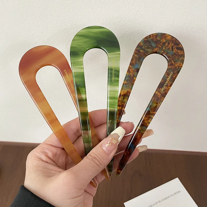 Elegant Marble Print U-Shaped Hair Fork - Acetate Geometric Hair Clip Stick for Bun Maker and Vintage Hairstyles