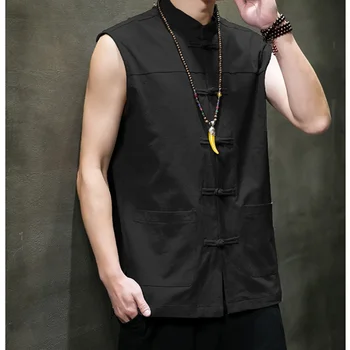Spring Summer Men's Chinese Vintage Linen Vest Sleeveless Shirt Hanbok Cardigan Jacket Harajuku Open Seam Jacket M-5XL