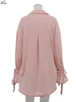 Oymimi Elegant Pink Cotton Sets For Women 2 Pieces Fashion Pockets Long Sleeve Lace-Up Shirts And High Waist Ruffled Shorts Sets - Image 6