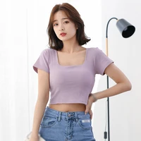 Women's Short Sleeve Tank Tops With Chest Pad Summer One Piece Casual Square Neck Crop Top With Built In Bra - Image 2