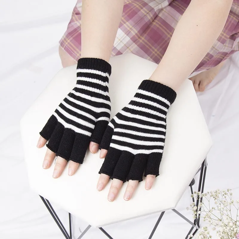 1Pair Black Unisex Half Finger Fingerless Gloves for Women Men Wool Knit Wrist Cotton Gothic Gloves Winter Warm Workout Gloves