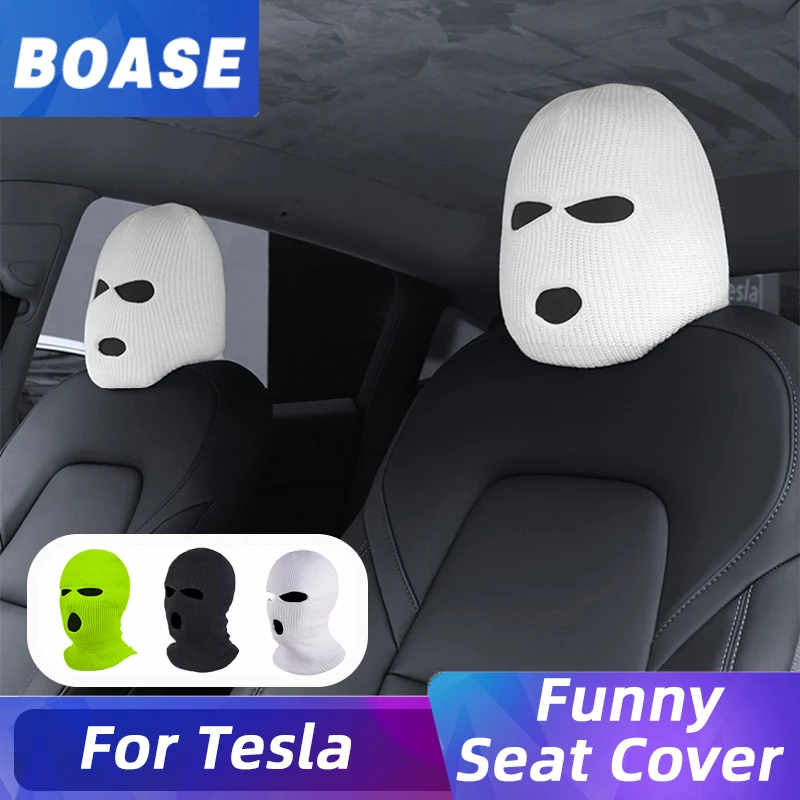 

Funny Car Headrest Cover For Tesla Model 3/Y/S/X Seat Decoration Winter Cap Halloween Styling Balaclava 3Hole Mask Decals