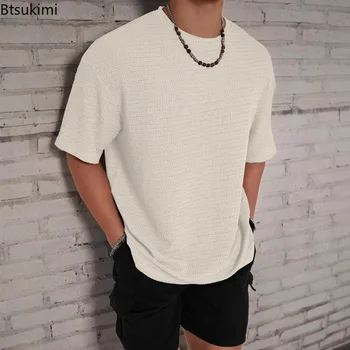 T-shirt da uomo a maniche corte tinta unita, vintage, girocollo, testurizzata, traspirante, per allenamento sportivo, vestibilità ampia