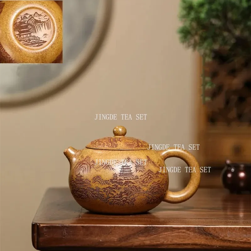 420ml Chinese Yixing Handmade Purple Clay Teapot Hand-carved Landscape Xishi Tea Pot Beauty Kettle Household Zisha Tea Set