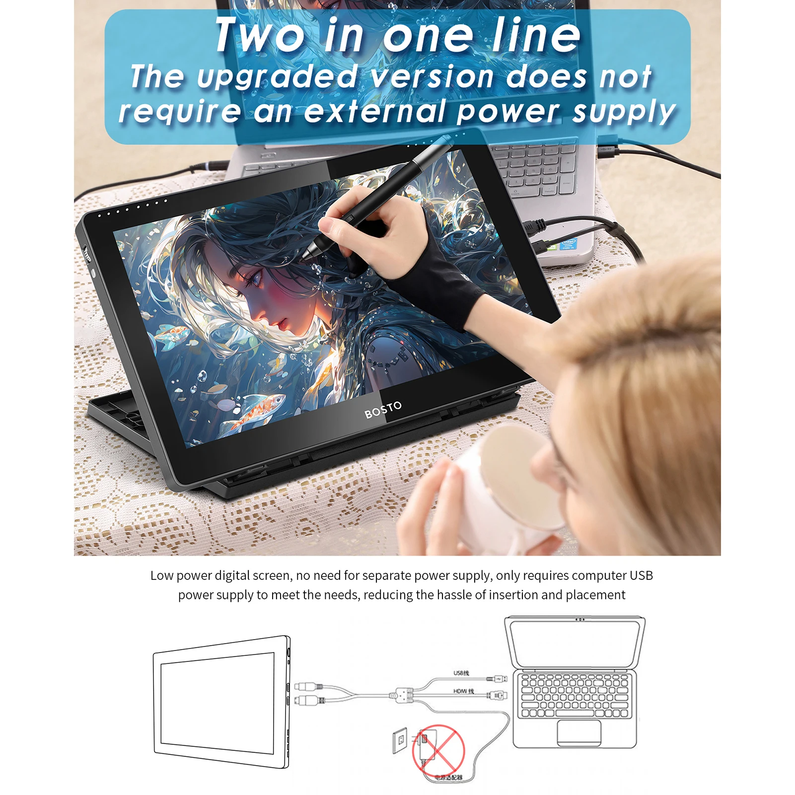 BOSTO 16HD 15.6 Inch IPS Graphics Drawing Tablet 1920*1080 Monitor 16K Pressure Level w/ Rechargeable Stylus Pen/ 20pcs Pen Nips 6