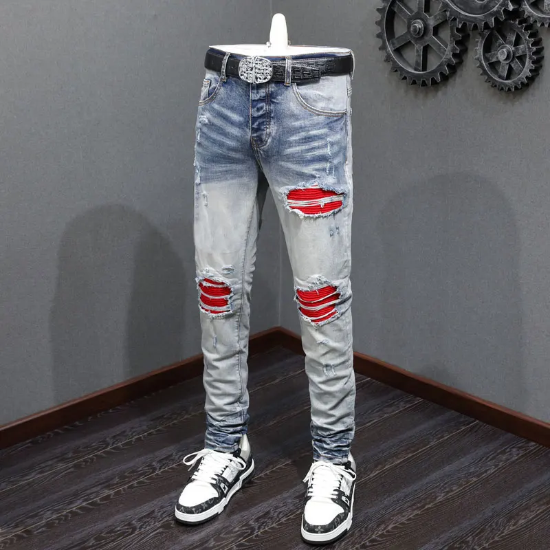 Streetwear Fashion Men Jeans High Quality Retro Blue Stretch Skinny Fit Patched Ripped Jeans Men Brand Designer Hip Hop Pants