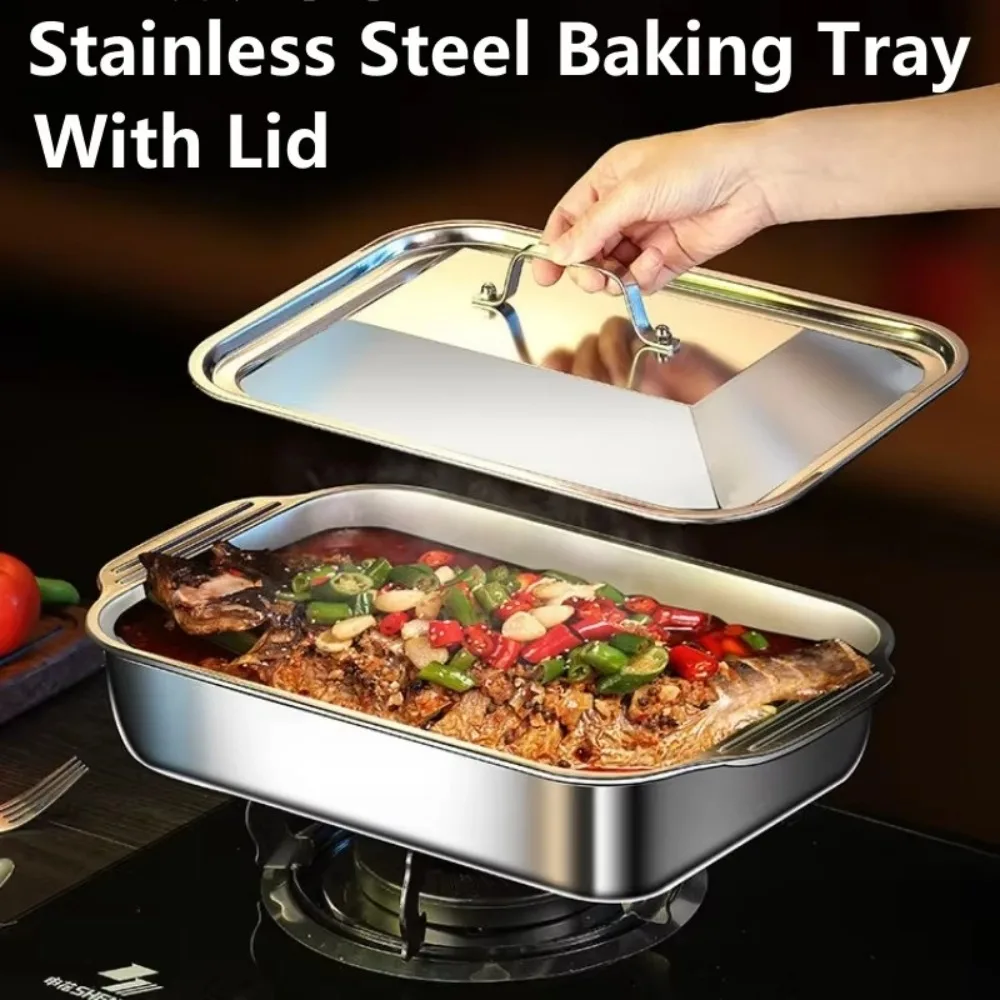 Stainless Steel Grilled Fish Pan with Lid Rectangular Roaster Pan Non-Stick Easy To Clean Oven BBQ Plate Gas Induction Cooker