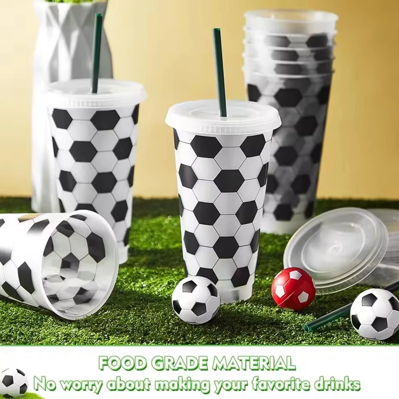 6Pcs Reusable Plastic Soccer Cups with Lid and Straw Kids Football Party Favors Gift Sports Themed Birthday Decoration Supplies