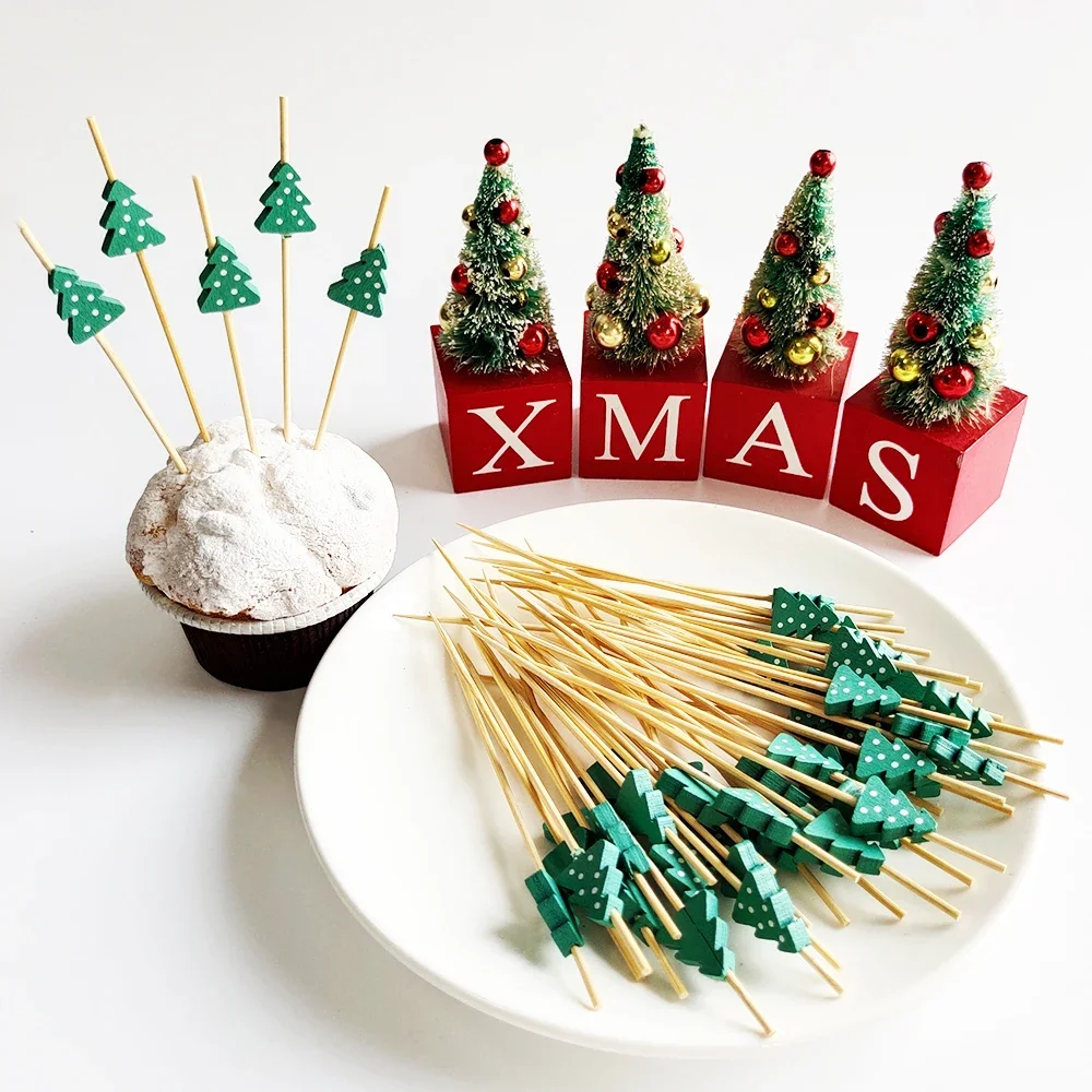100Pcs Christmas Disposable Bamboo Skewers Santa Xmax Tree Fruit Fork Buffet Dessert Cocktail Sticks Christmas Decoration 2024