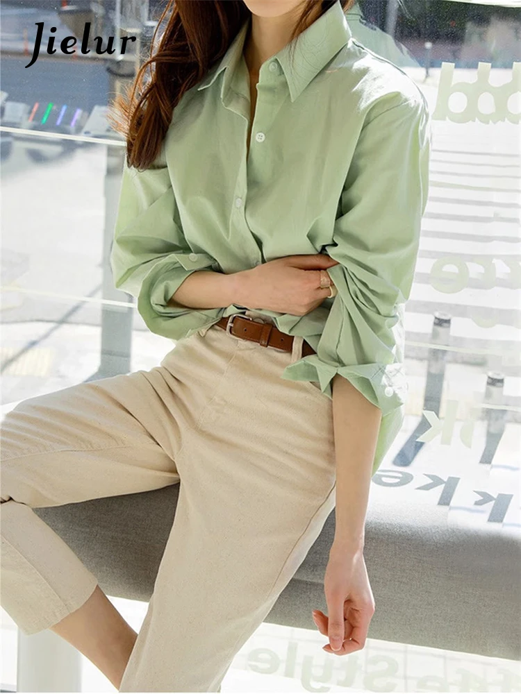 Jielur Spring New Slim Solid Color Women Shirt Simple Basic Fashion Chic Woman Shirt Casual Loose Street Long-sleeved Top Female