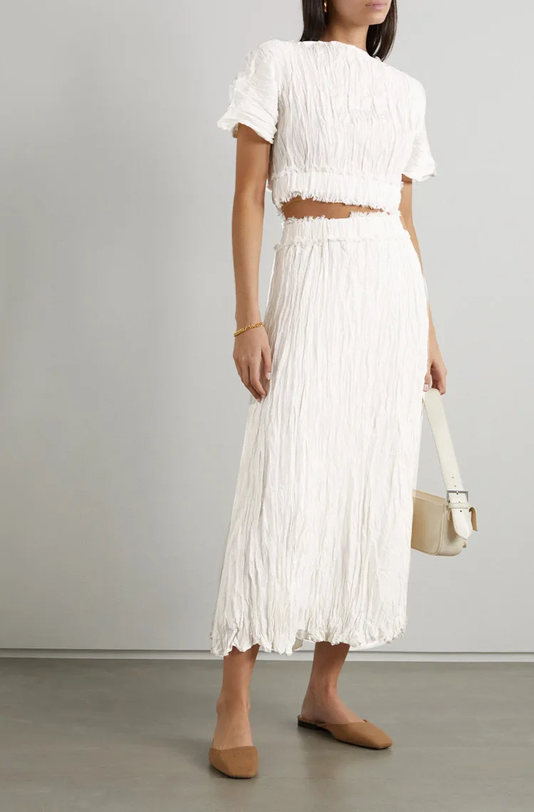

T0teme Summer Women Dress Tee Skirt 100% silk Slash-Neck Folds Short Sleeve High Waist Solid Color Vintage High Street