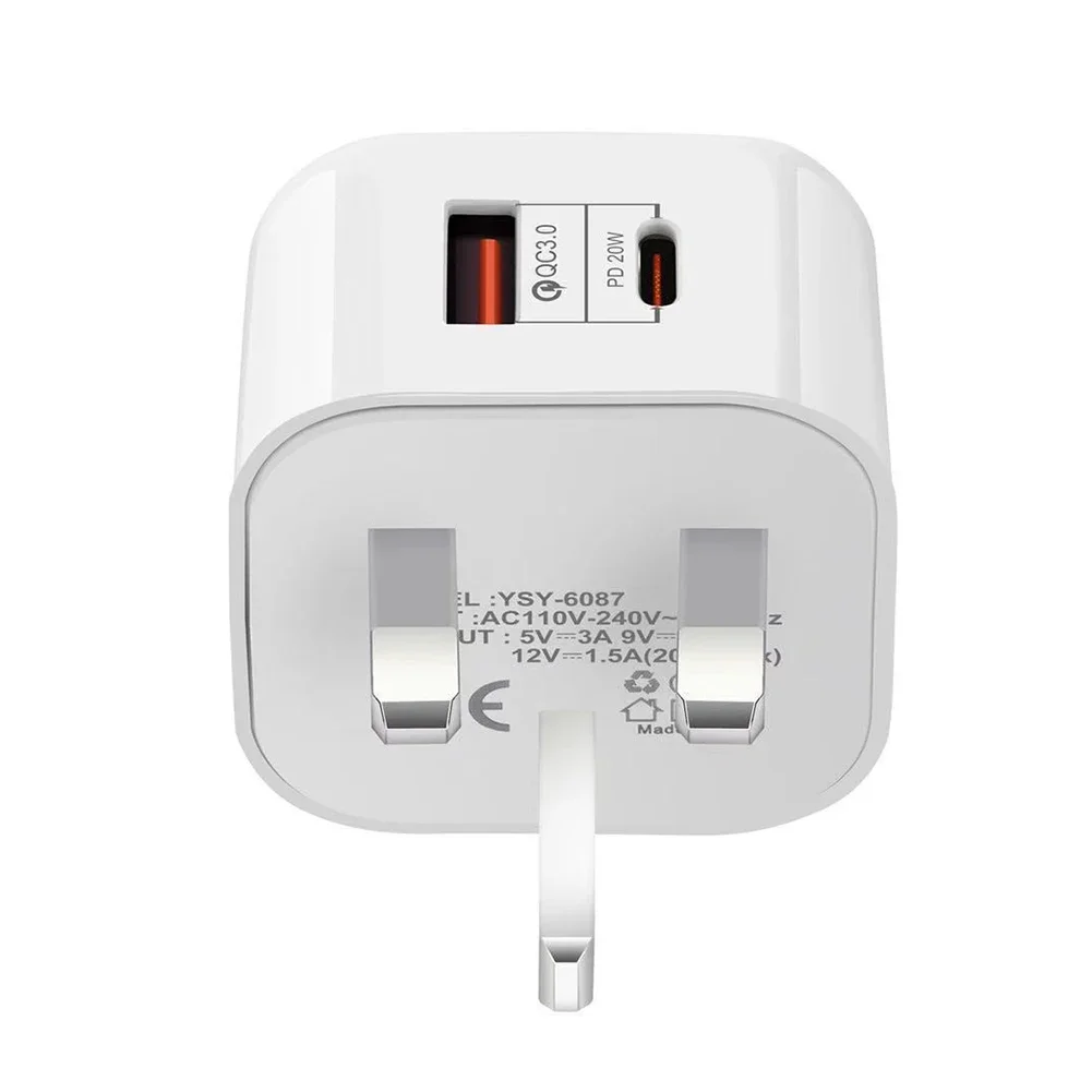 Dual-Port 20W Quick Charger with QC3.0 and USB-C Fast Charging