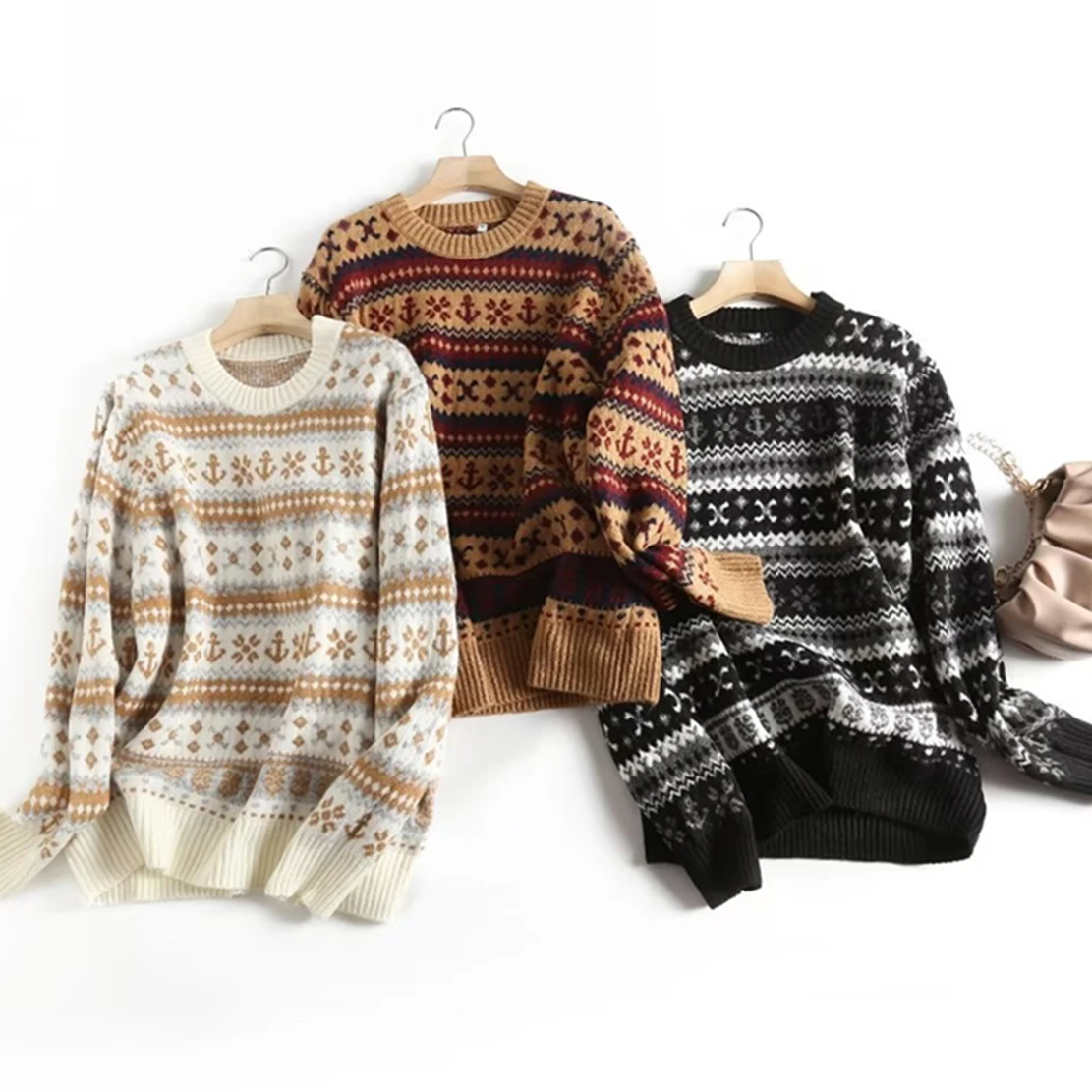 

Jenny&Dave Japanese Ethnic Round Neck Jacquard Sweater Women Pullovers Tops