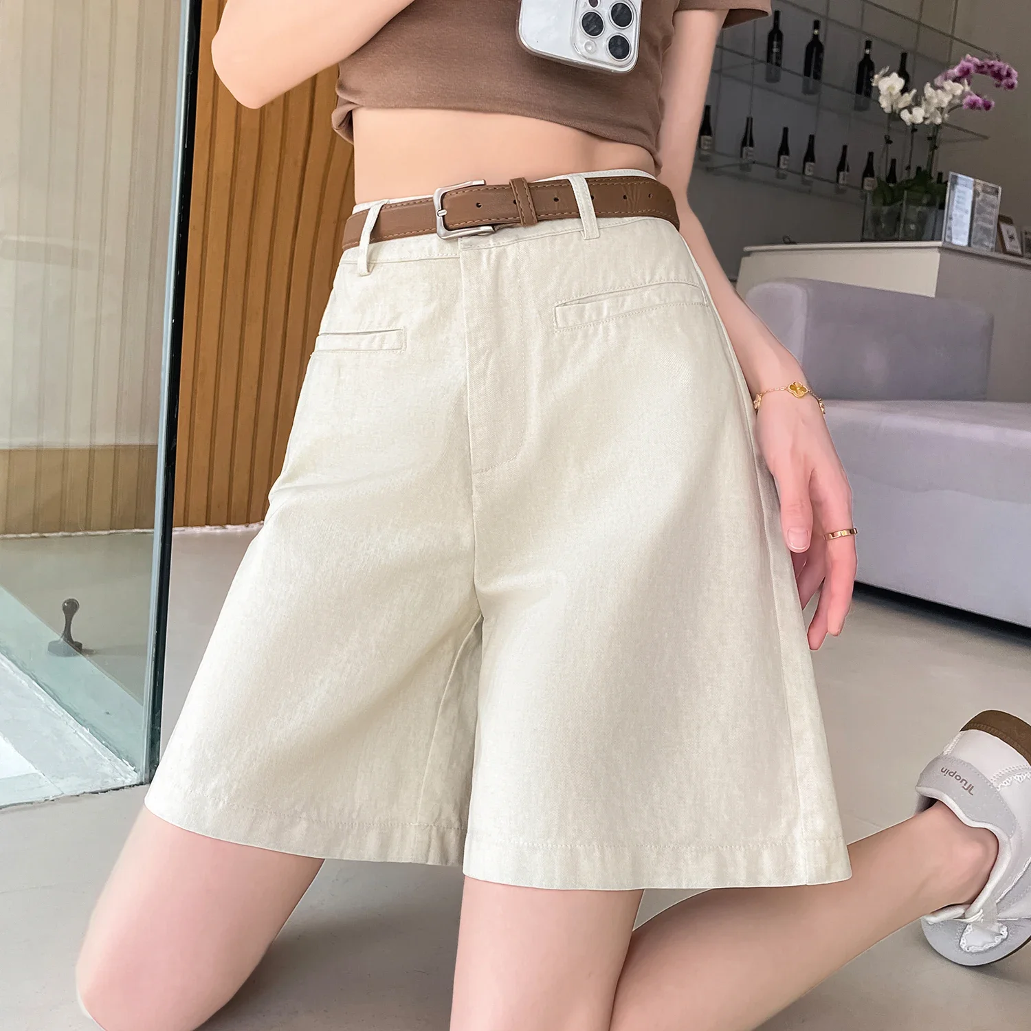 Women’s High-Waist Cotton-Linen Wide-Leg Shorts with Belt