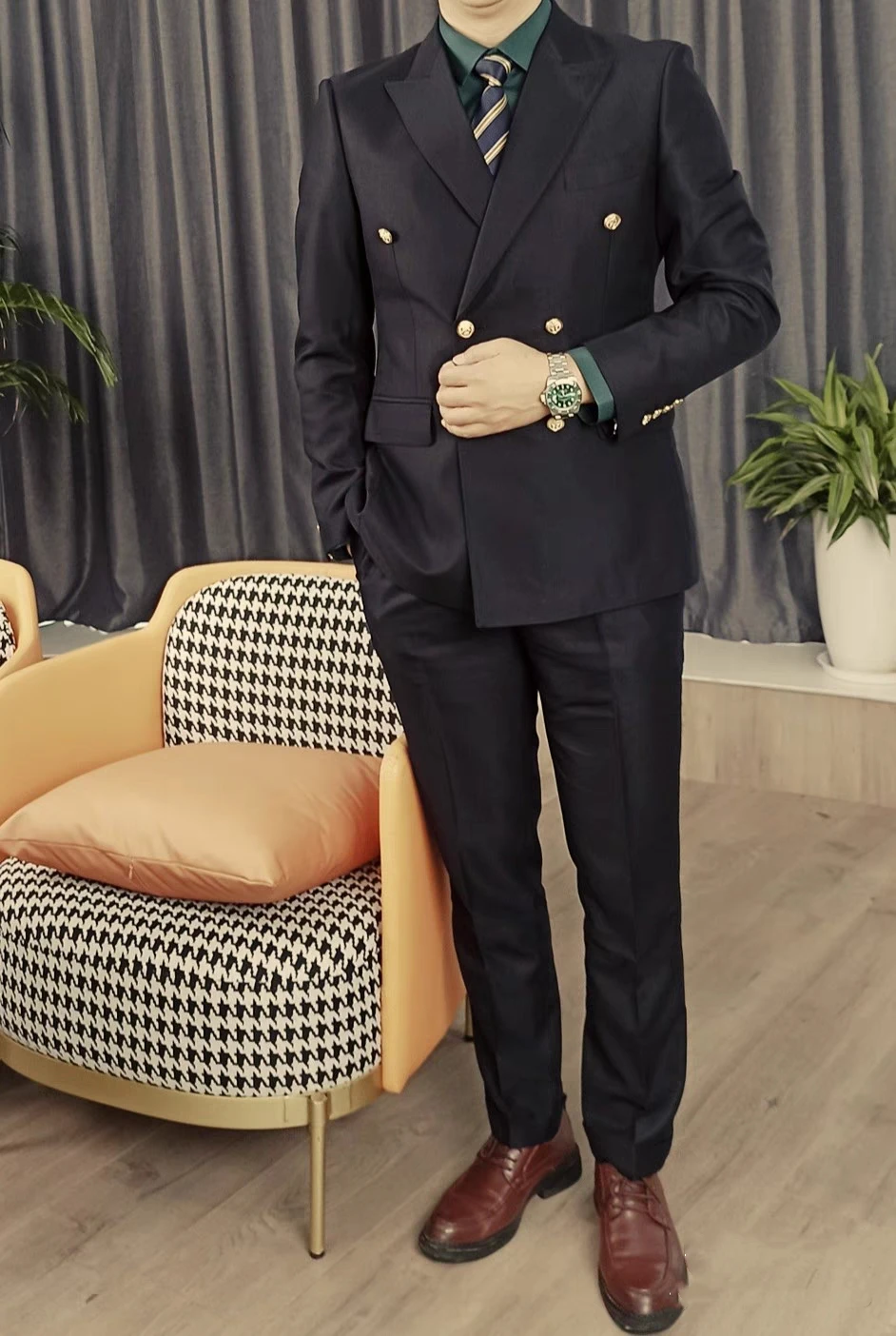 Double Breasted Navy Blue Men Wedding Suit Groom Tuxedo Blazer Pants formal Party Business Office Male Set