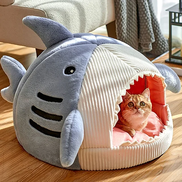 Lits Chauds en Forme de Requin de Dessin Animé pour Chat, mir de Diversification pour Animaux de Compagnie, Coussin en Polymère, Tente pour Chiot, Produits pour Animaux de Compagnie 1
