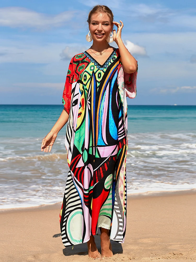 Cover-up Bohemian Dress Print Beach Style Kaftan Swimsuit Cover Maxi Dress Robe