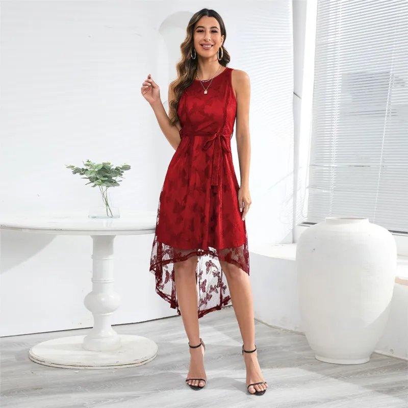 

Fashion Temperament Slim Sleeveless Dress Personality Sexy Lace Mesh Lace Asymmetric Dress Elegant Evening Dress 2023 Summer XXL