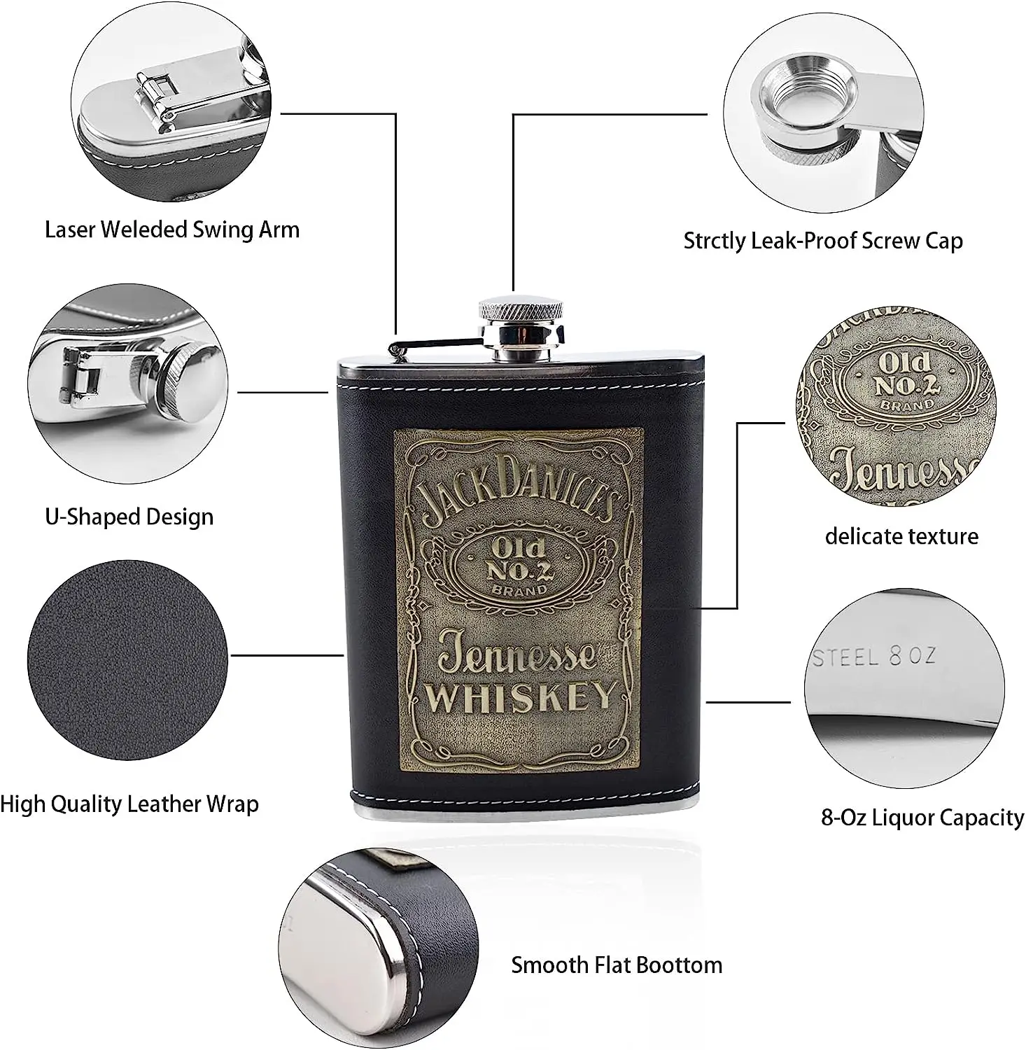 Description Picture 4 of item7oz 8oz Pocket Hip Flask PU Leather Covered Small Stainless Steel Wine Pot For Alcohol Portable Whiskey Flagon Men Gift