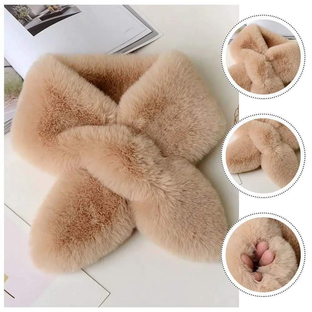Cute Solid Color Cross Scarf Faux Rabbit Fur Thicken Neck Scarf Fashion Neck Warmer Women Girls Neckerchief Wrap