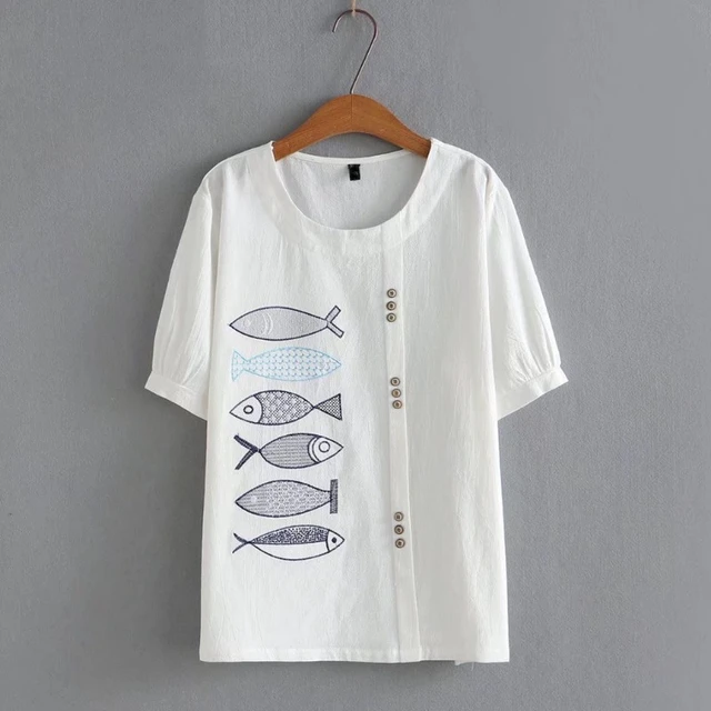 Plus Size XL-4XL Women's Fish Embroidery Summer T-Shirts Oversized