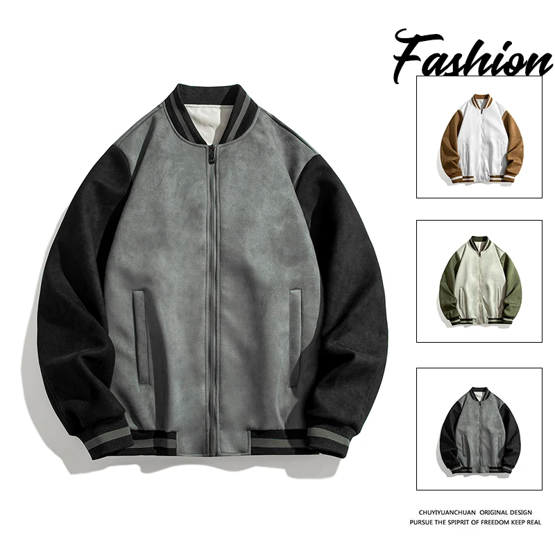 Men Faux Suede Bomber Jacket Spring Autumn Baseball Clothes Stand Collar Coat Hip Hop Street Style Couple Vintage Trendy Style