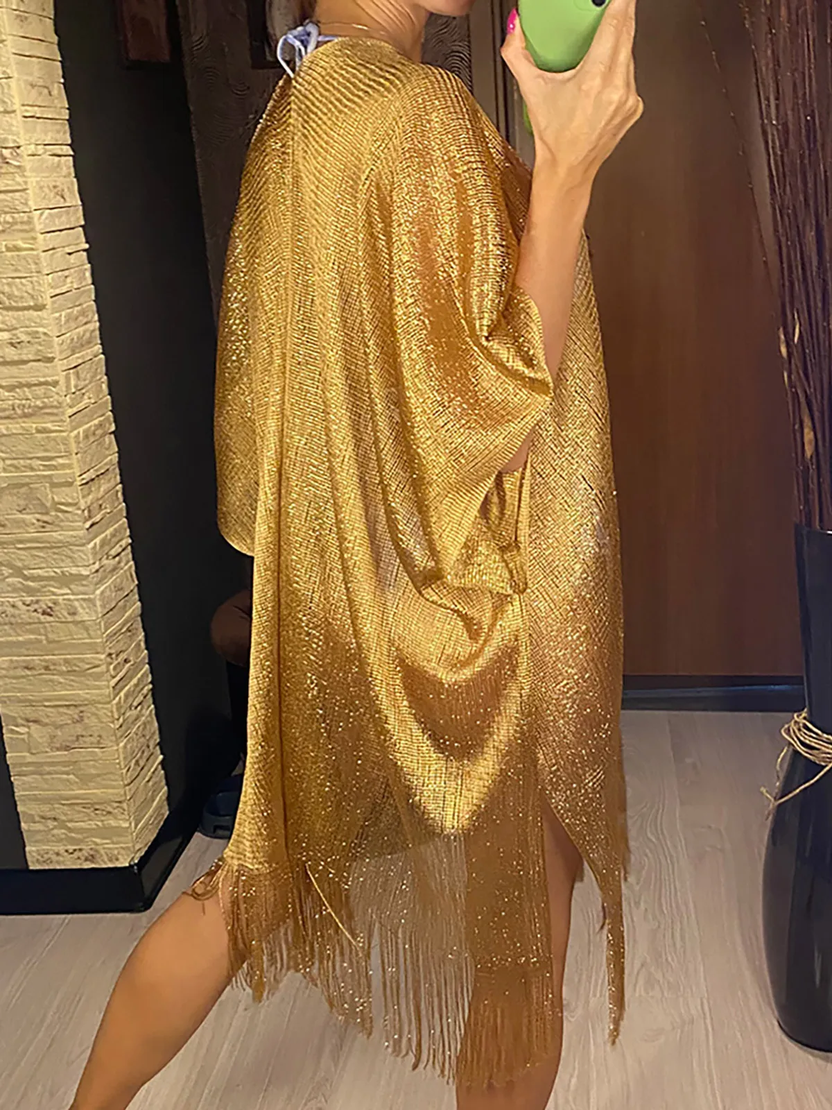 Sexy Fringe Tassel Mesh Sheer Shiny Knitted Tunic Beach Cover Up Cover-ups Beach Dress Beach Wear Beachwear Female Women V3321 2