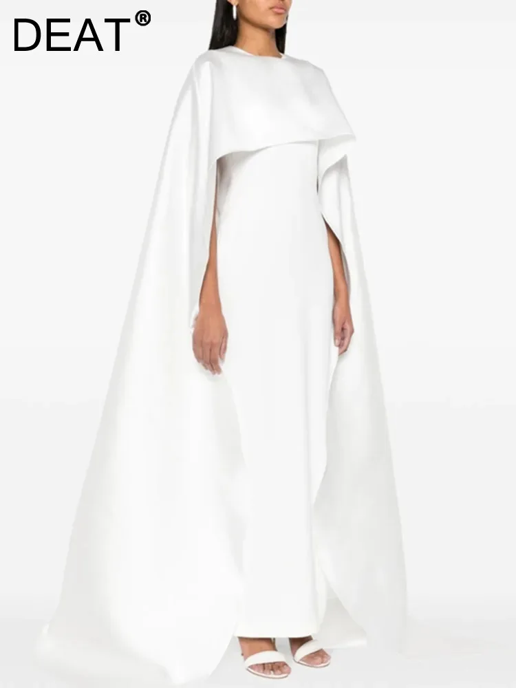 

DEAT Women's Fashion Evening Dress Shawl Sleeve O Neck Solid Color Elegant Party Floor Length Dresses Summer 2024 New 13DB7011