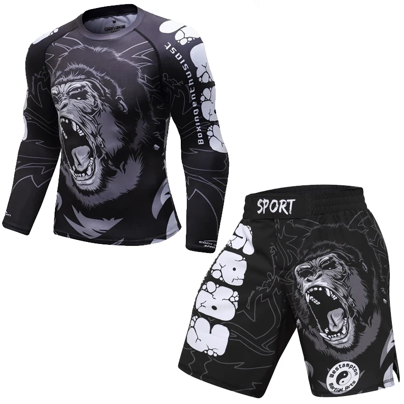 New Men Boxing Set Compression Jersey Pants 3D Orangutan Print Rashguard Kickboxing Tight T-shirts Pants Muay Thai MMA Fightwear