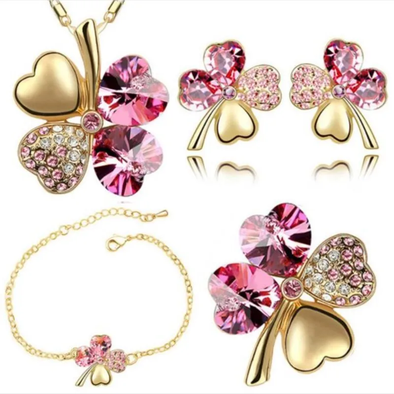Bridal Jewelry Sets Crystal Clover 4 Leaf Heart Necklace Earrings Bracelet Brooch Charm