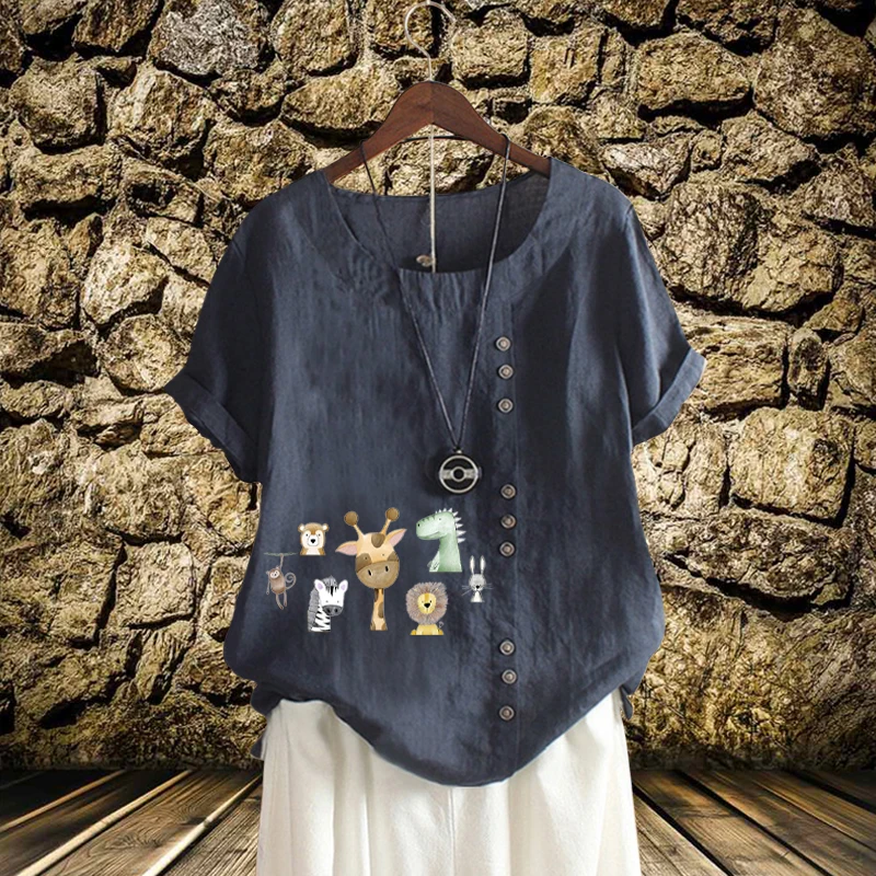 

2022 New Arrival Ladies Loose Blouse Cartoon Animal Printed Linen Multicolor T Shirt Leisure Round Neck Short Sleeve Top XS-5XL