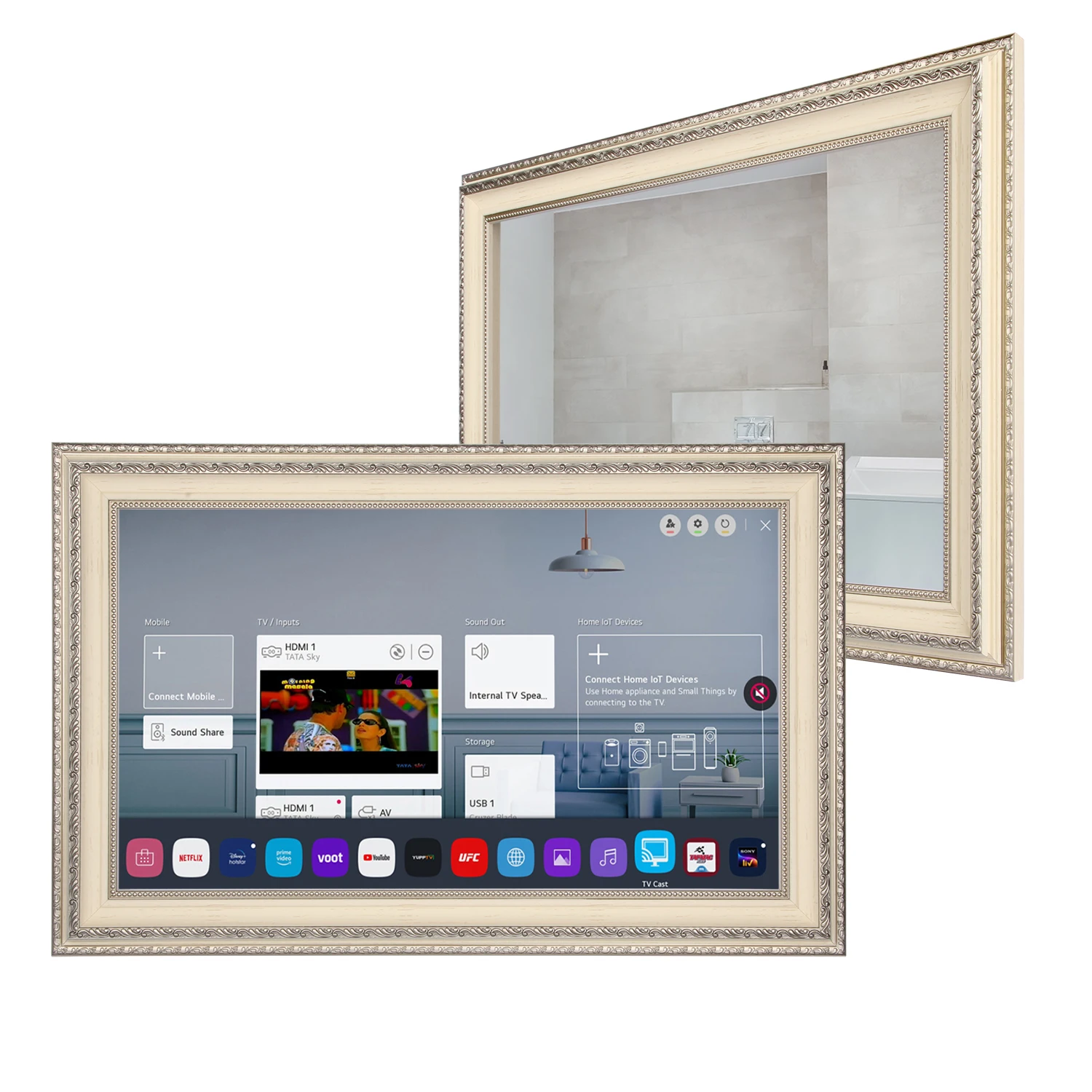 Soulaca 27 Pollici Smart Waterproof Mirror Tv Ivory White Frame Sistema Webos Frame Hotel Television Con Alexa Ai Built-In