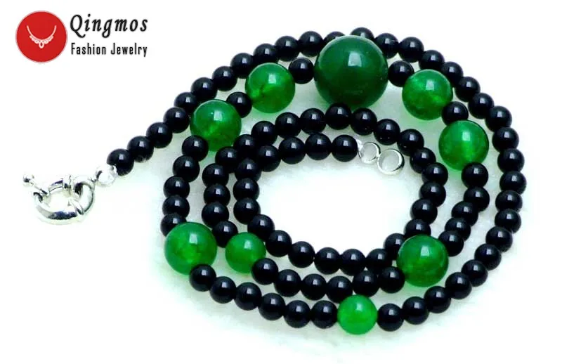 Qingmos 4mm Round Natural Black Agate Necklace for Women with 6-10mm Green Jade Necklace 18