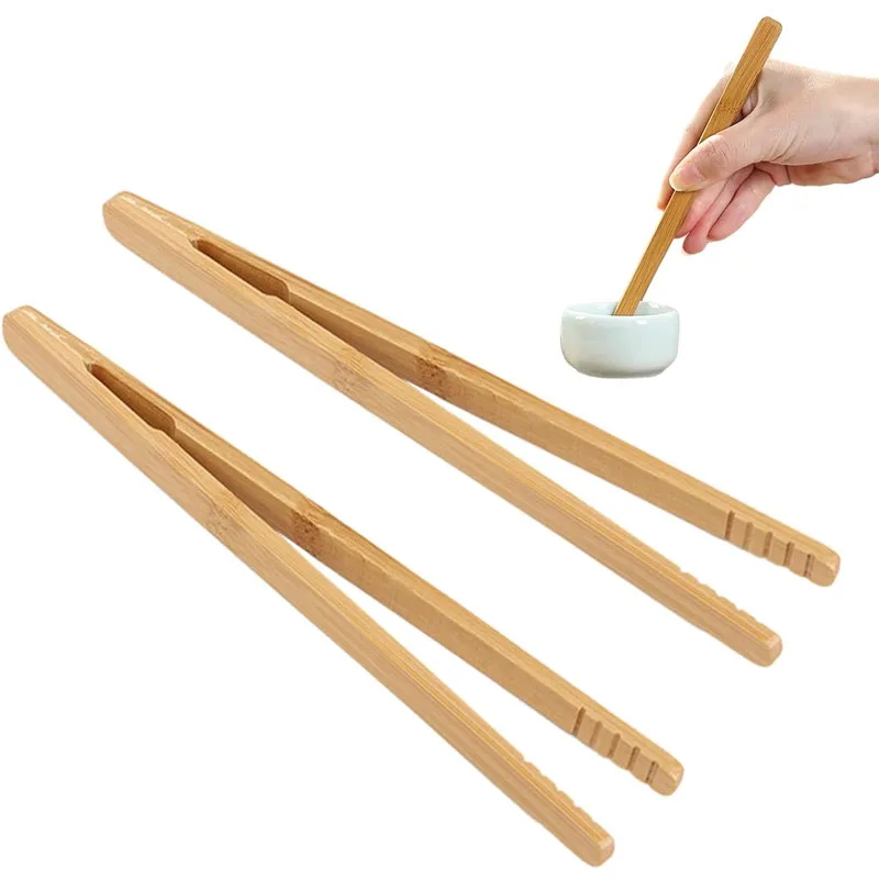 2Pcs Bamboo Wooden Food Toaster Tongs Bamboo Tongs Tea Clip Natural Tweezers for Toast Pickles Tea Cooking Kitchen
