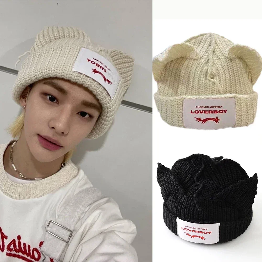 

KPOP StrayKids HyunJin Knitted Hat WAYV HENDERY INS Style Wool Cat Ear Hat Winter Warm Decorative Cap Couple Christmas Gifts