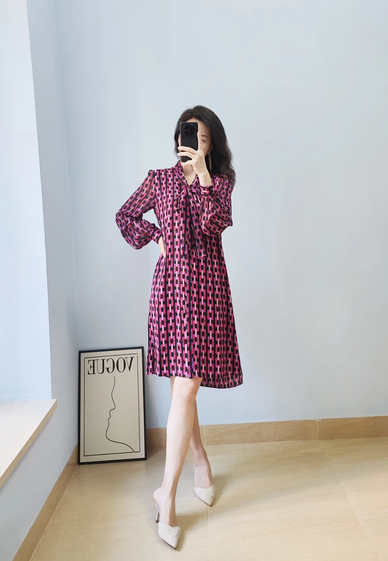 

Purple Pink Chiffon Ribbons Chain Printed Oversize Mini Dress XS-XL