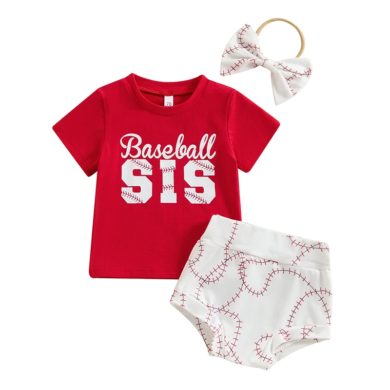 

Baby Girl Summer Outfits Letter Print Short Sleeve T-Shirt + Elastic Waist Shorts + Bow Headband Toddler 3 Piece Set