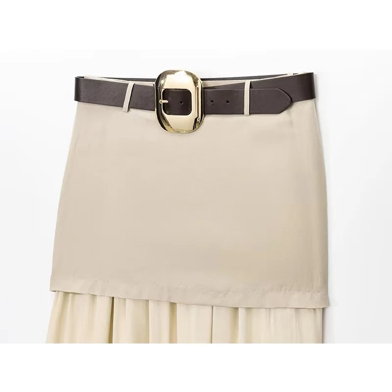 With Belt Splicing Long Skirts For Women Fashion 2025 New Chic Elegant Midi Skirt High Street Casual Holiday Beach Skirts