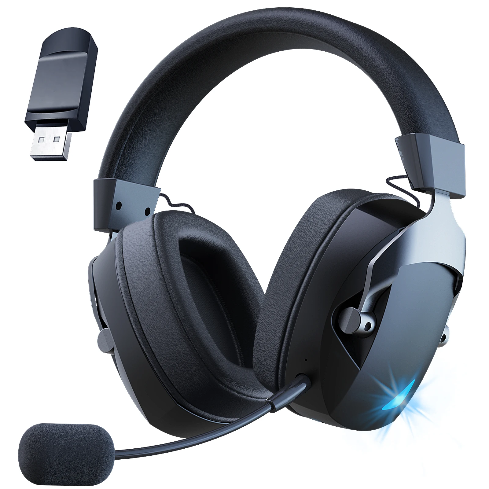 Casque de jeu sans fil avec poignées, microphone amovible antibruit, prise filaire Bluetooth-USB-3.5mm 2.4G 3 modes pour multi-appareils 1