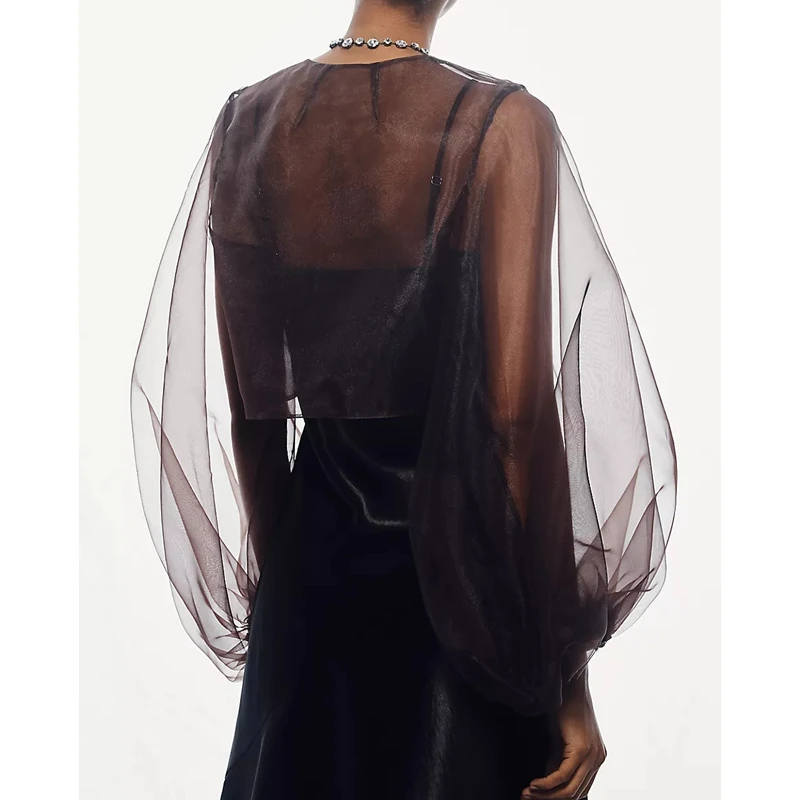 Women's Sheer Mesh Y2k Shrug Organza See Through Bolero Cardigan Crop Puff Long Sleeve Open Front Shawl Cape Shoulder Cover-ups 2