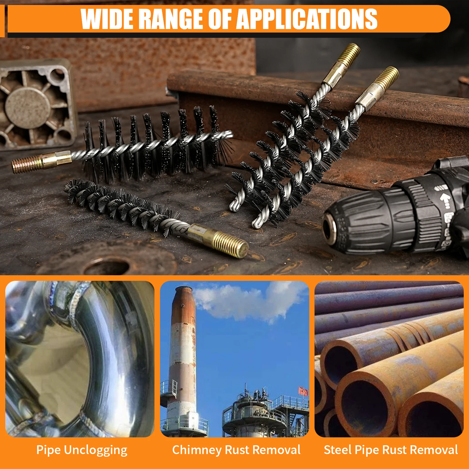 1Pc M12 Threaded Brush Stainless Steel Wire Tube Brush Chimney