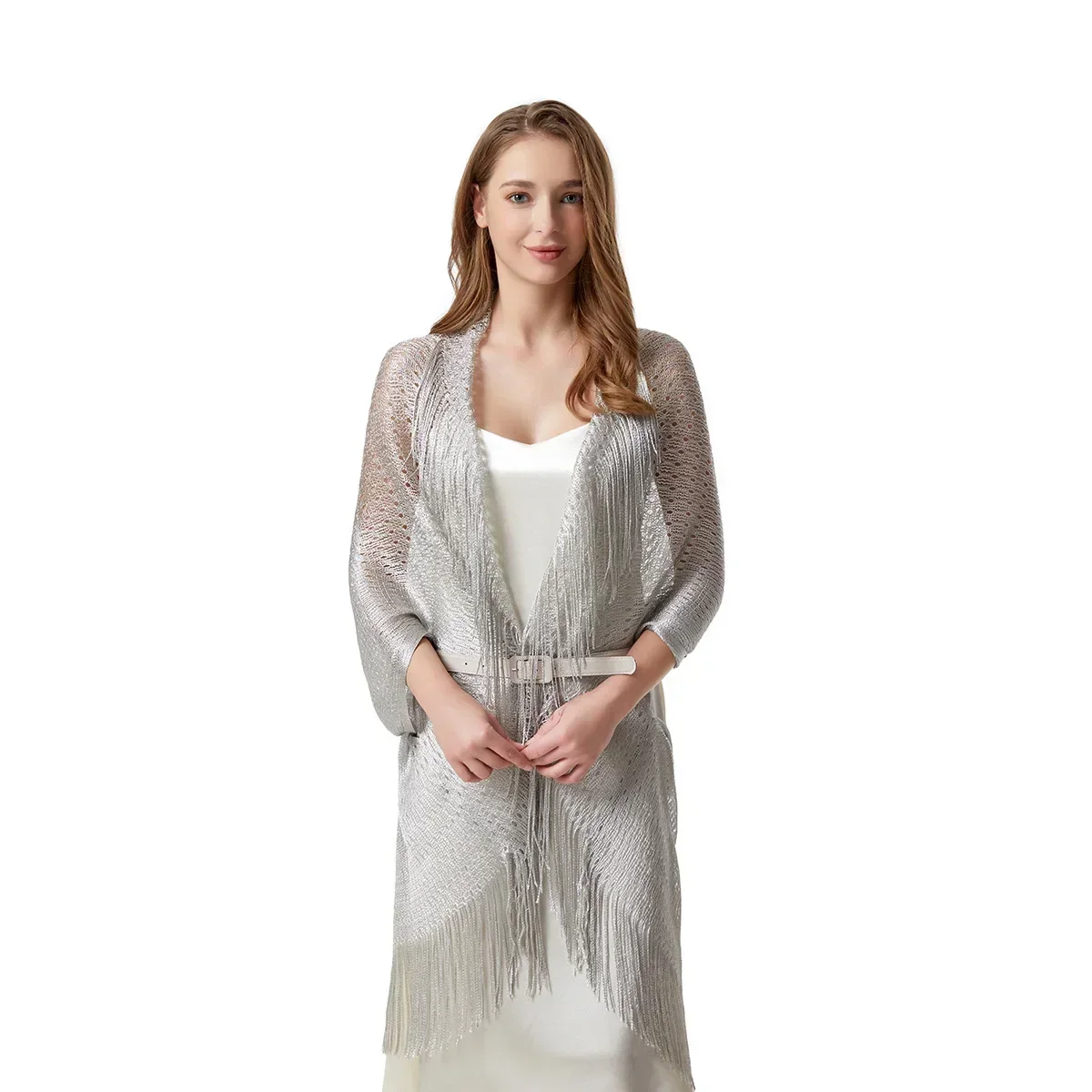 4 Colors Shawl Solid Swimsuit Bikini Cover Up Women Hollow Fringed Cardigan Bright Silk Cape Bathing Suit Cover Ups for Swimwear - 5