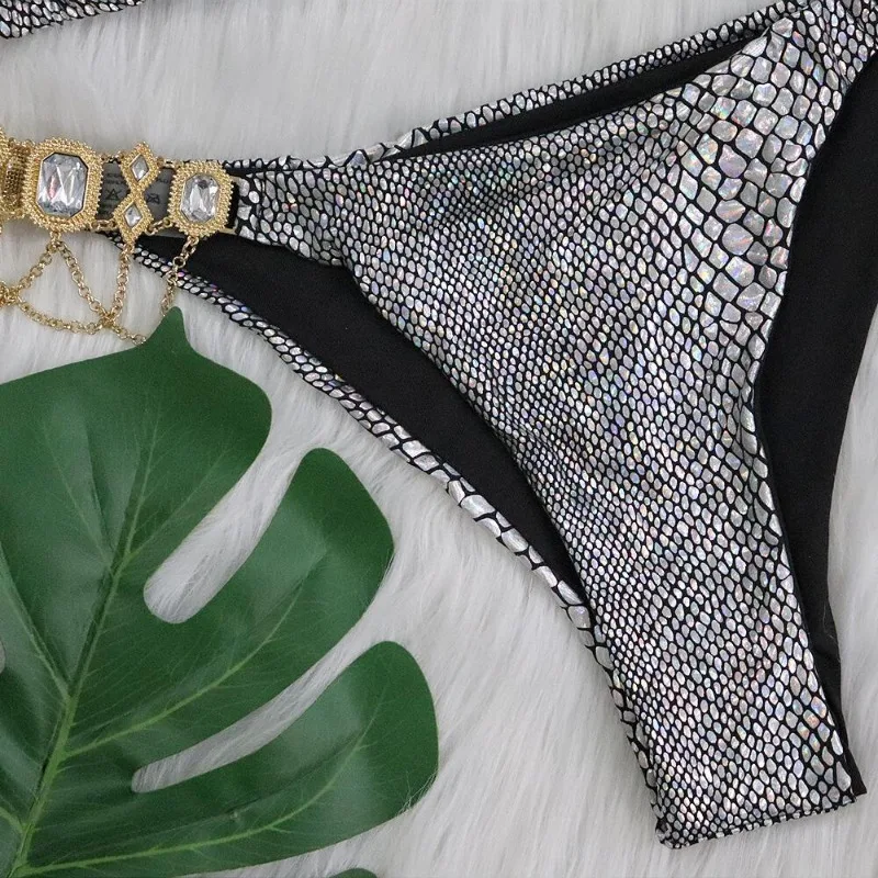 Women's Rhinestone Triangle Bikini Set Sparkly Rave Outfits 2 Piece Sexy Swimsuit Bathing Suit