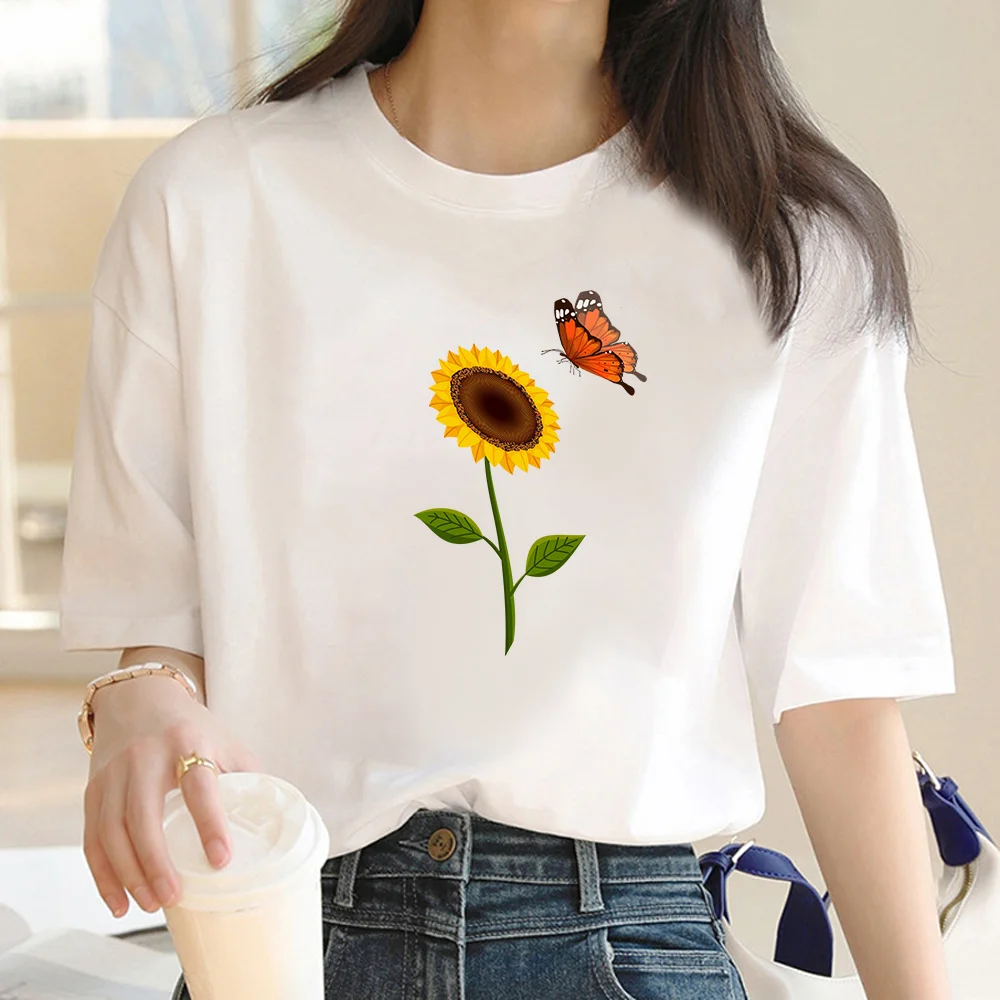 

Sunward and Butterfly Women's T-shirt Harajuku Short sleeve Y2K Black and White T-shirt cartoon casual top T-shirt clothes
