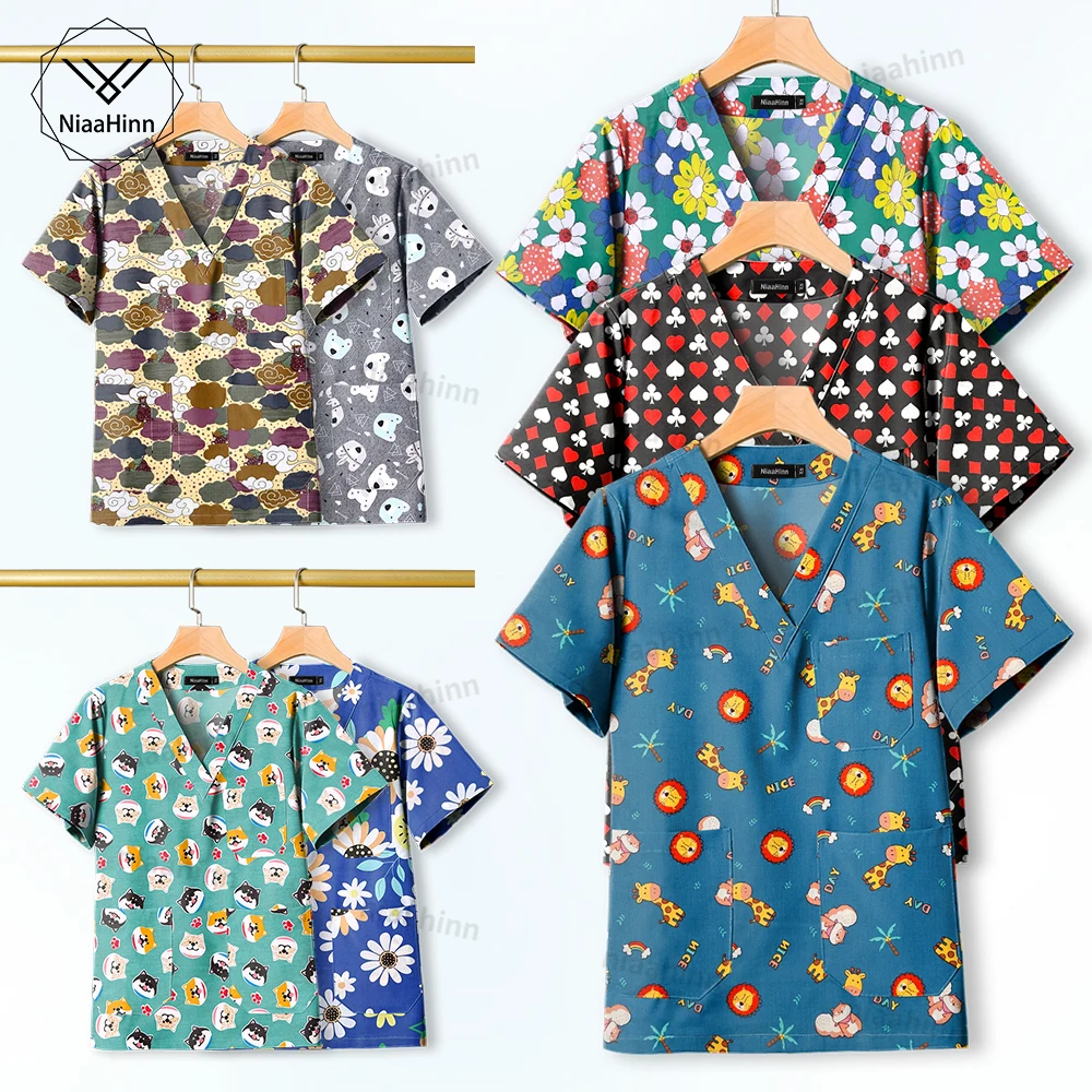 Short Sleeved Custom SPA Uniform Unisex Aesthetic Uniforms Printed Cotton Jacket Tops Fashion Surgical Gown Veterinary Work Wear
